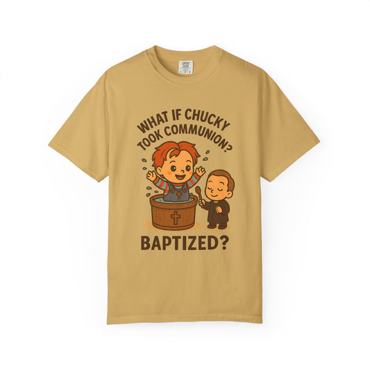 Baptism Humor T-Shirt, Funny Religious Tee, Unisex Gift, Cute Chucky Design, Perfect for Celebrations