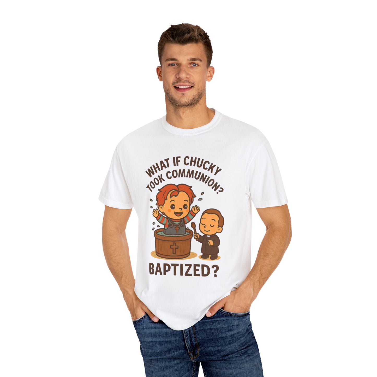 Baptism Humor T-Shirt, Funny Religious Tee, Unisex Gift, Cute Chucky Design, Perfect for Celebrations
