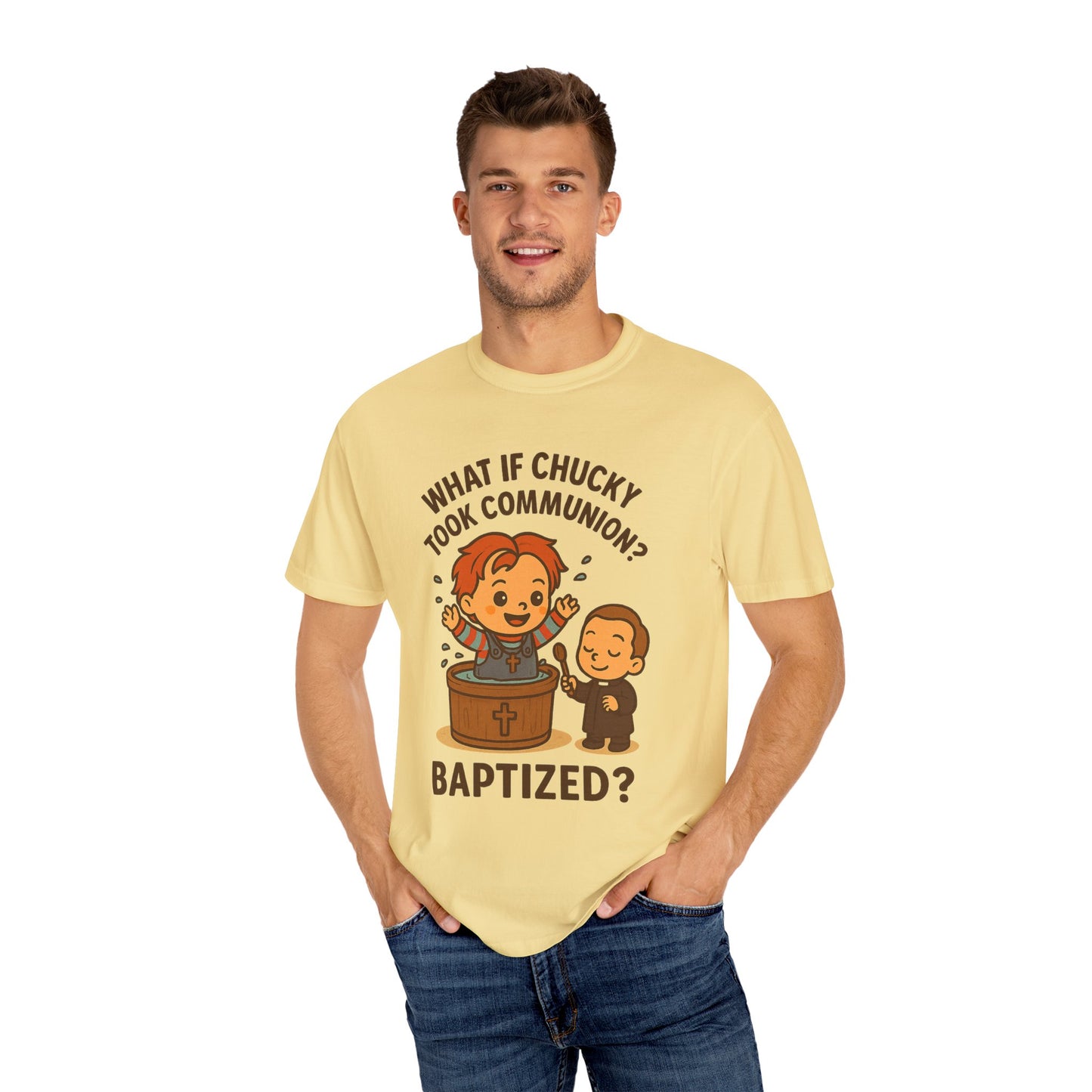 Baptism Humor T-Shirt, Funny Religious Tee, Unisex Gift, Cute Chucky Design, Perfect for Celebrations