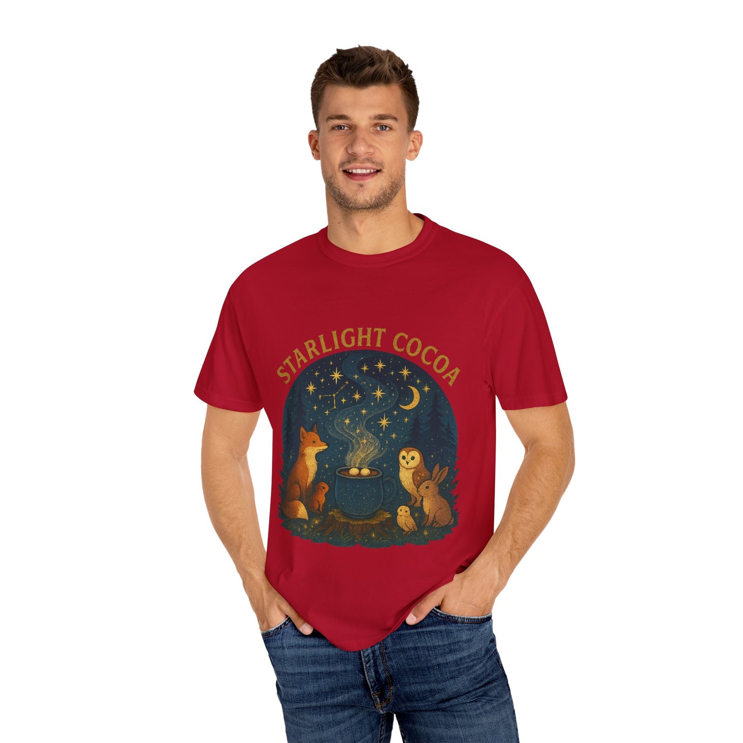 Starlight Cocoa T-Shirt | Cozy Night Vibe | Unisex Graphic Tee | Perfect for Camping, Stargazing, Gift for Nature Lovers
