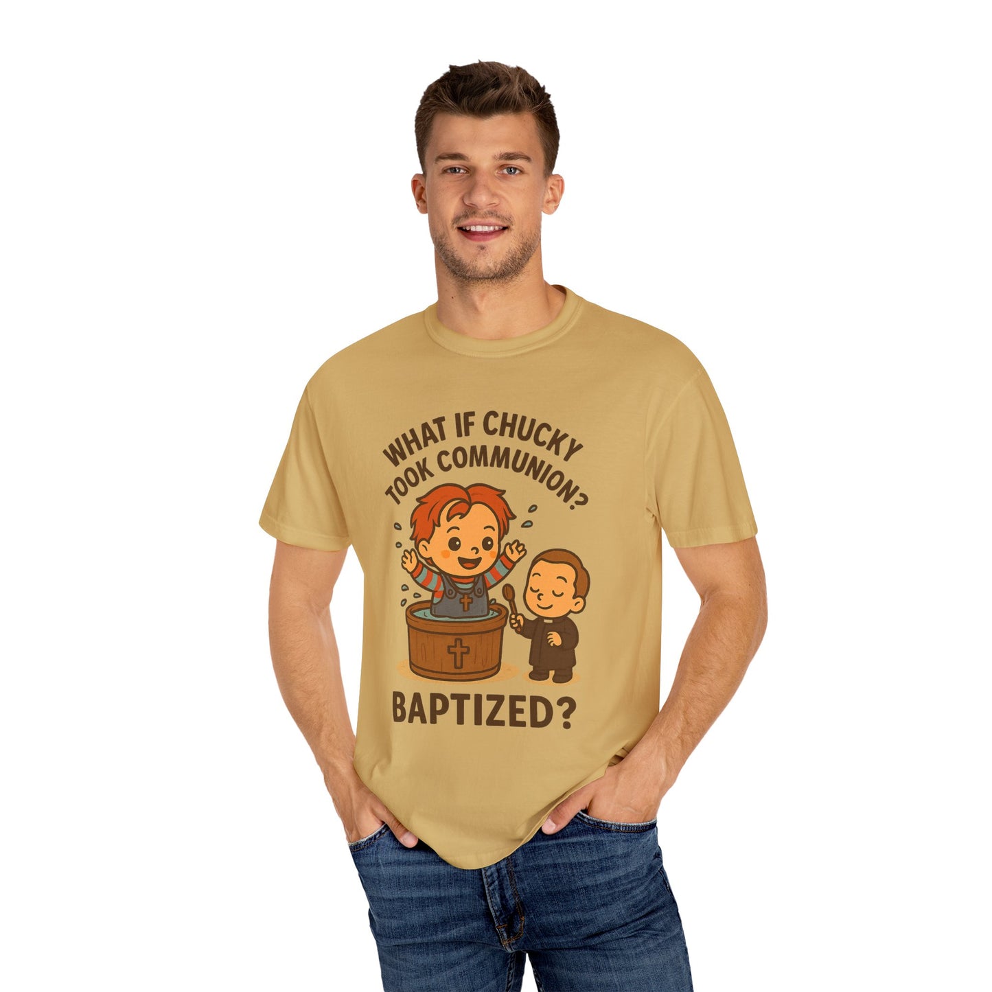 Baptism Humor T-Shirt, Funny Religious Tee, Unisex Gift, Cute Chucky Design, Perfect for Celebrations