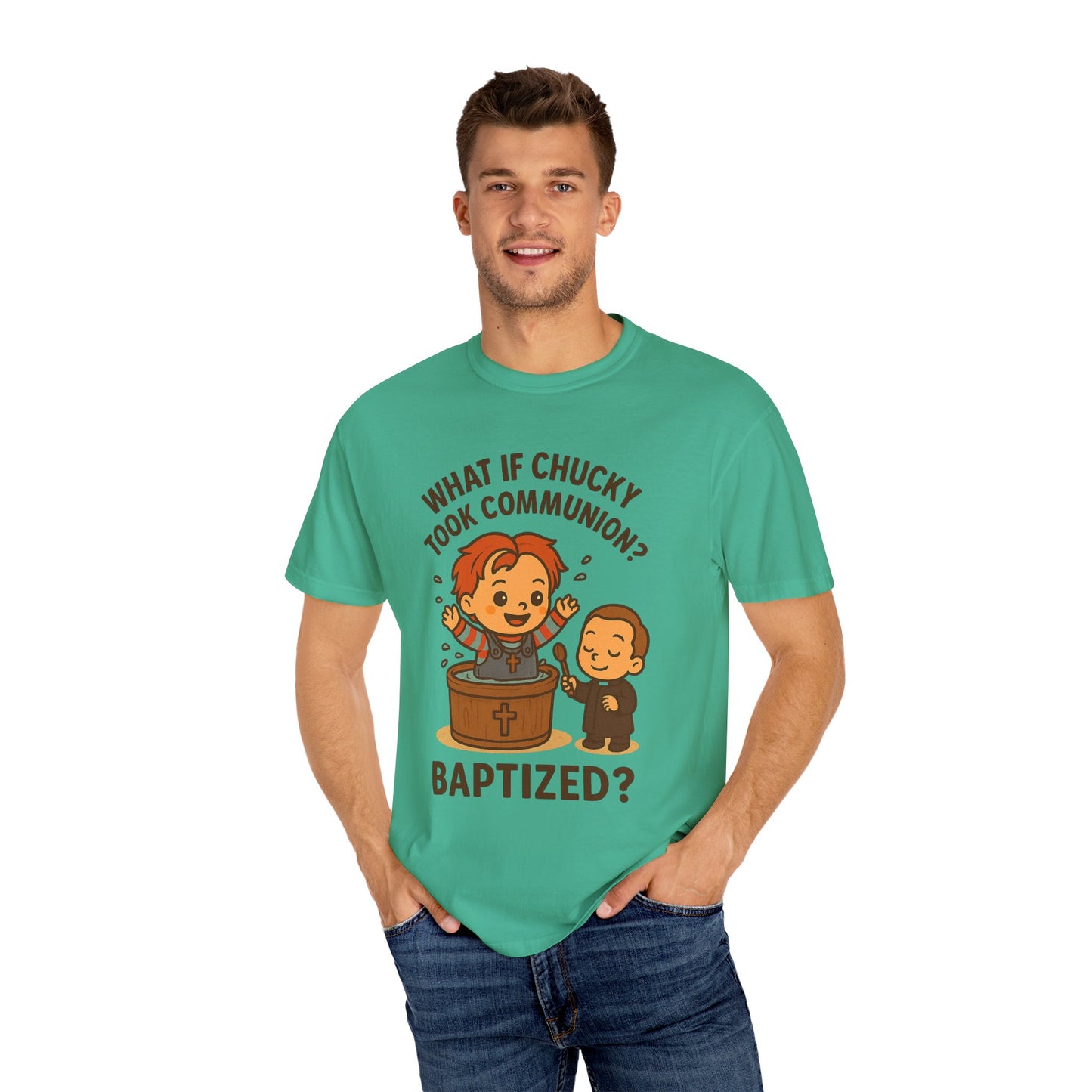 Baptism Humor T-Shirt, Funny Religious Tee, Unisex Gift, Cute Chucky Design, Perfect for Celebrations