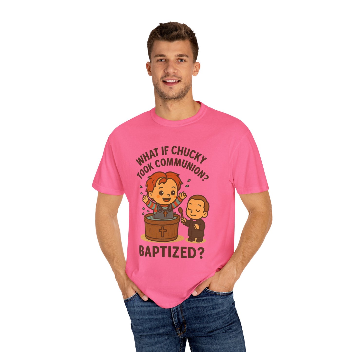 Baptism Humor T-Shirt, Funny Religious Tee, Unisex Gift, Cute Chucky Design, Perfect for Celebrations