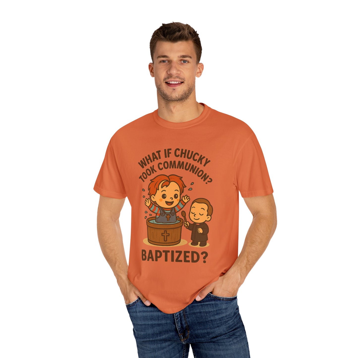 Baptism Humor T-Shirt, Funny Religious Tee, Unisex Gift, Cute Chucky Design, Perfect for Celebrations