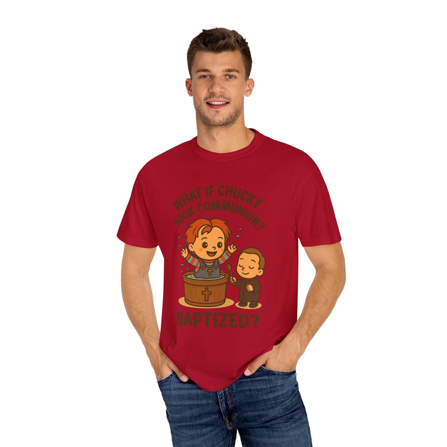 Baptism Humor T-Shirt, Funny Religious Tee, Unisex Gift, Cute Chucky Design, Perfect for Celebrations