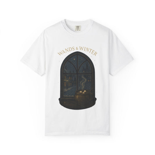 Wands & Winter Unisex Garment-Dyed T-shirt | Cozy Magic Tee, Holiday Gift, Winter Apparel, Witchy Style, Casual Wear