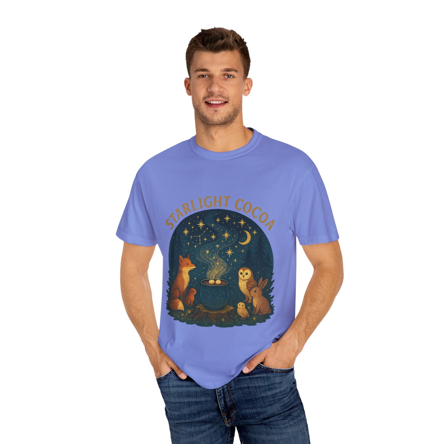 Starlight Cocoa T-Shirt | Cozy Night Vibe | Unisex Graphic Tee | Perfect for Camping, Stargazing, Gift for Nature Lovers
