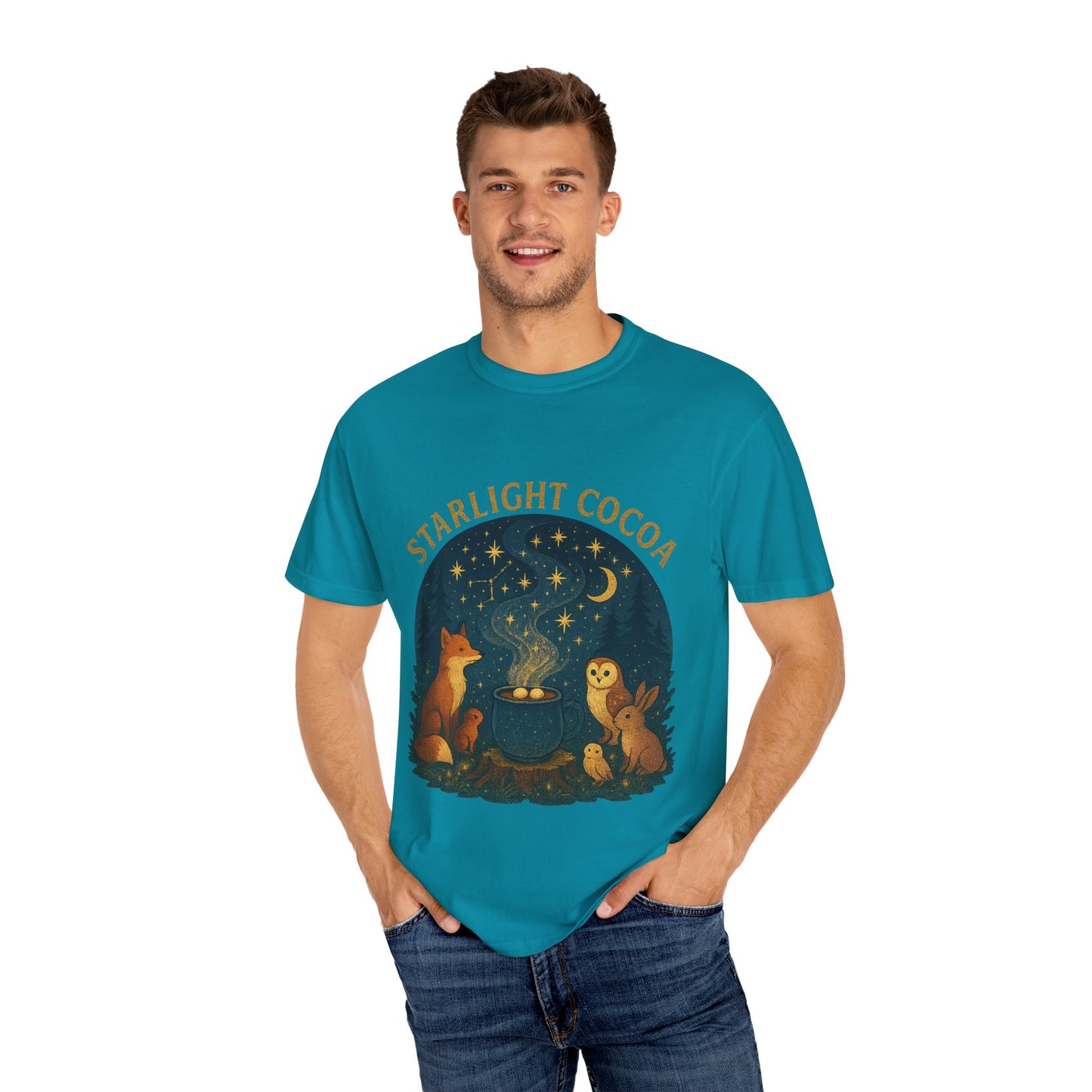 Starlight Cocoa T-Shirt | Cozy Night Vibe | Unisex Graphic Tee | Perfect for Camping, Stargazing, Gift for Nature Lovers