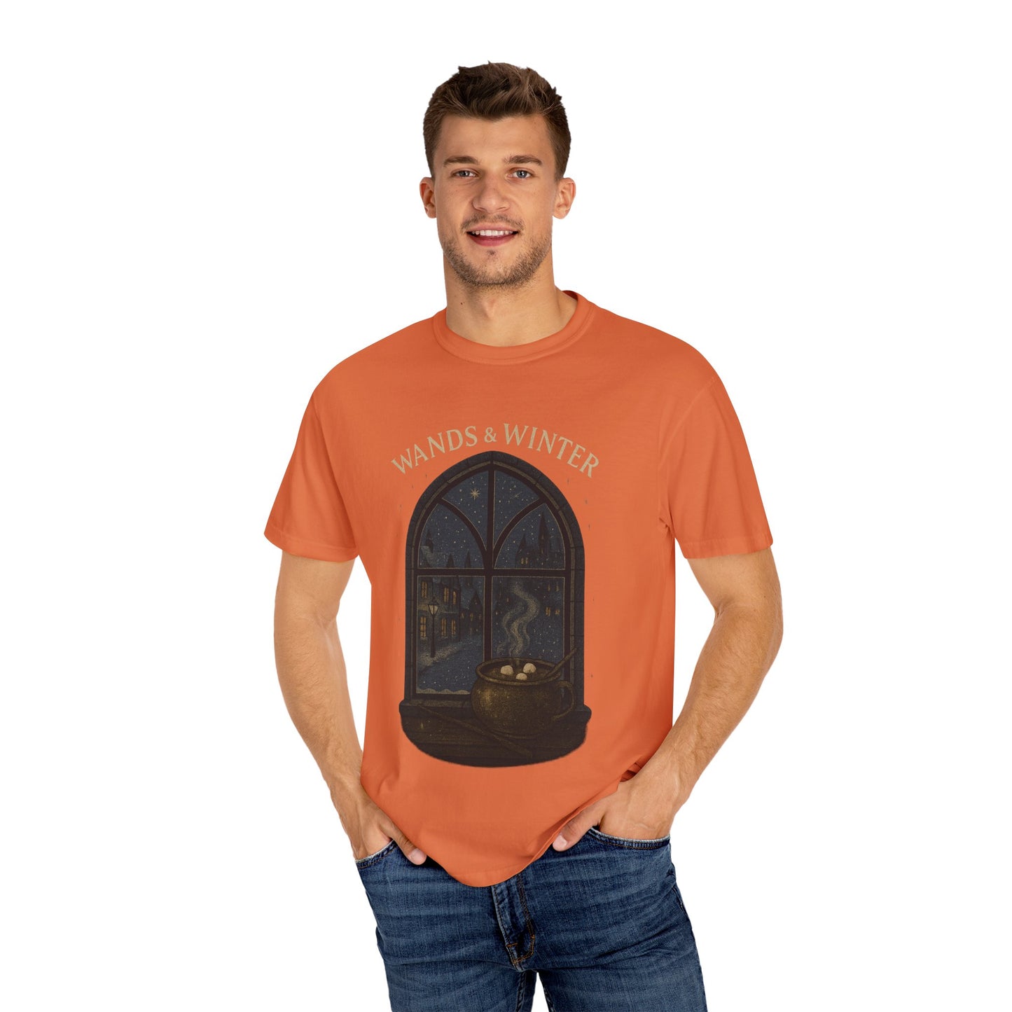 Wands & Winter Unisex Garment-Dyed T-shirt | Cozy Magic Tee, Holiday Gift, Winter Apparel, Witchy Style, Casual Wear