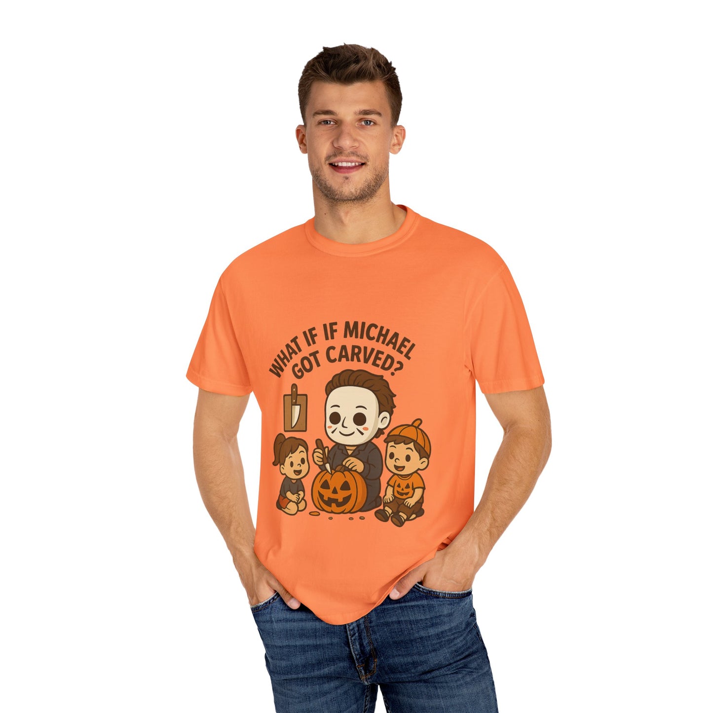 Halloween Themed T-shirt: What If Michael Got Carved?, Unisex Tee, Spooky Season Shirt, Fall Apparel, Fun Halloween Gift