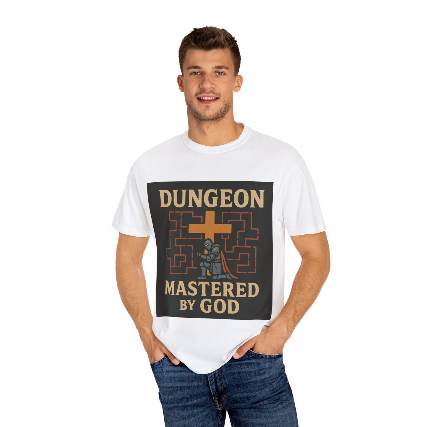 Dungeon Mastered by God T-Shirt, Unisex Graphic Tee, Gamer Gift, Funny Religious Humor, Retro Video Game Shirt
