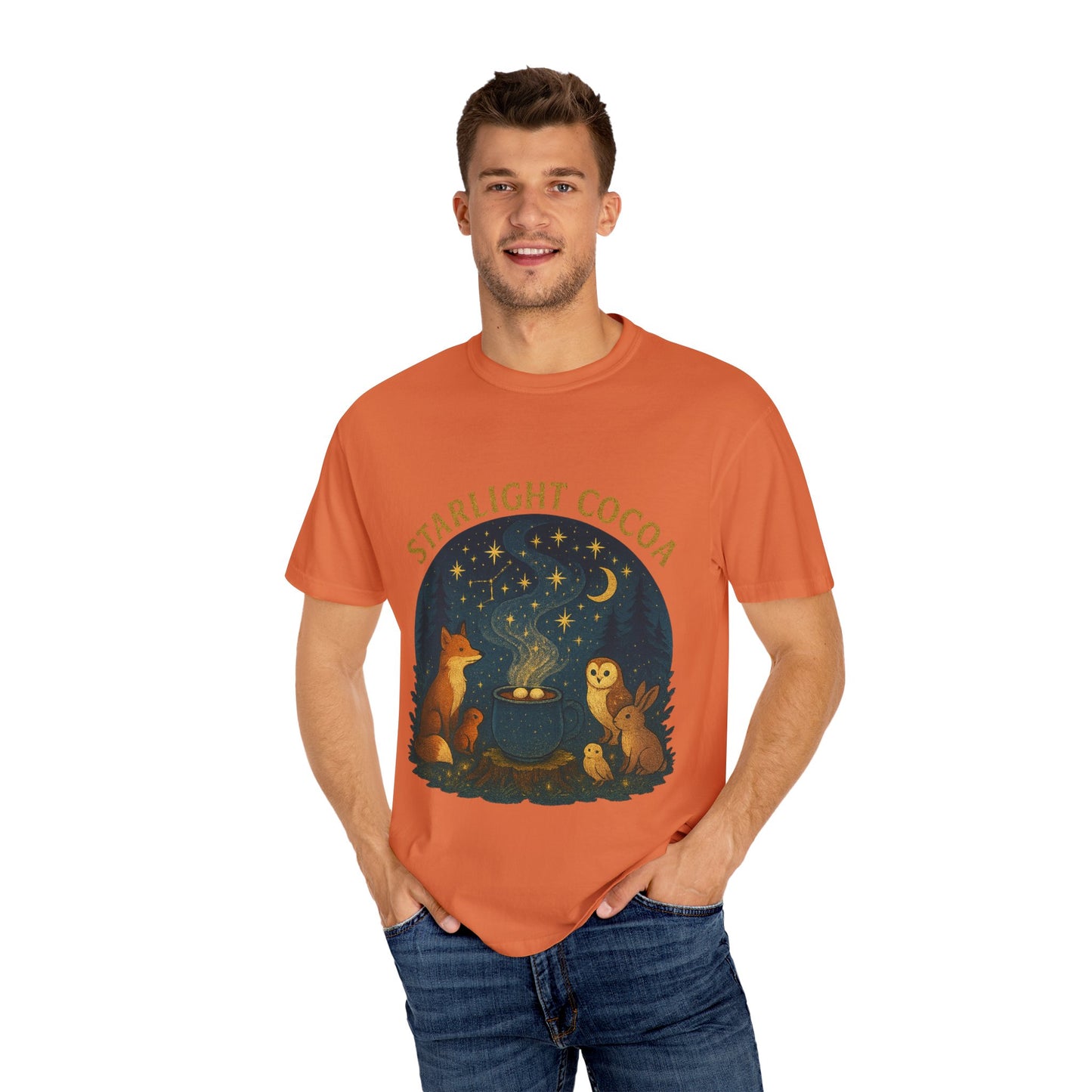 Starlight Cocoa T-Shirt | Cozy Night Vibe | Unisex Graphic Tee | Perfect for Camping, Stargazing, Gift for Nature Lovers