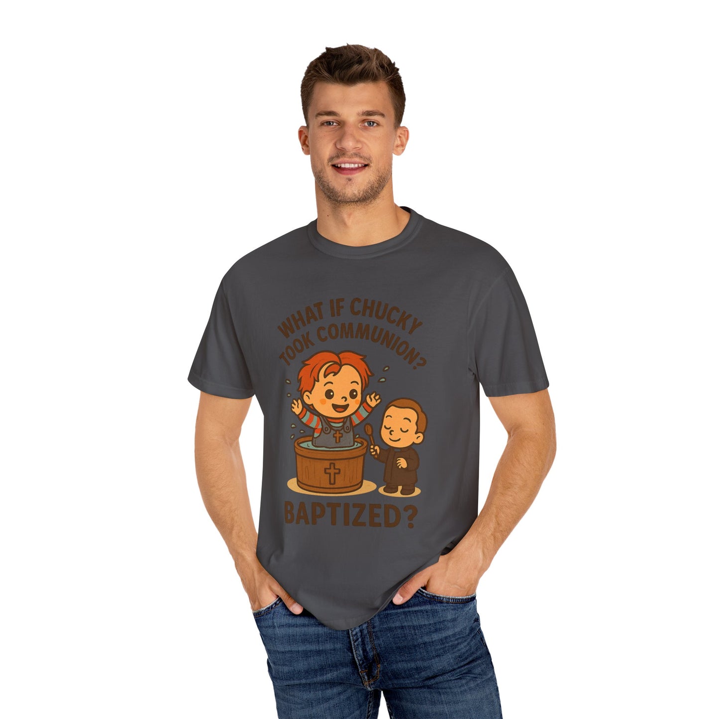 Baptism Humor T-Shirt, Funny Religious Tee, Unisex Gift, Cute Chucky Design, Perfect for Celebrations