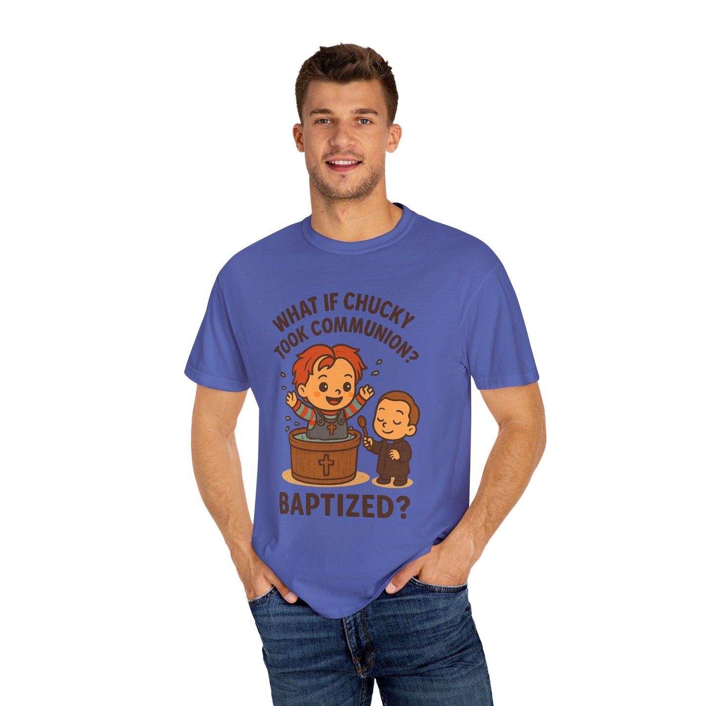 Baptism Humor T-Shirt, Funny Religious Tee, Unisex Gift, Cute Chucky Design, Perfect for Celebrations