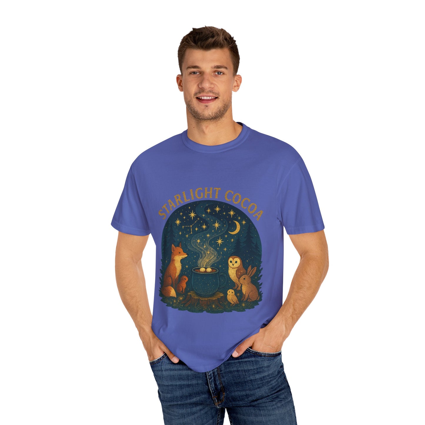 Starlight Cocoa T-Shirt | Cozy Night Vibe | Unisex Graphic Tee | Perfect for Camping, Stargazing, Gift for Nature Lovers