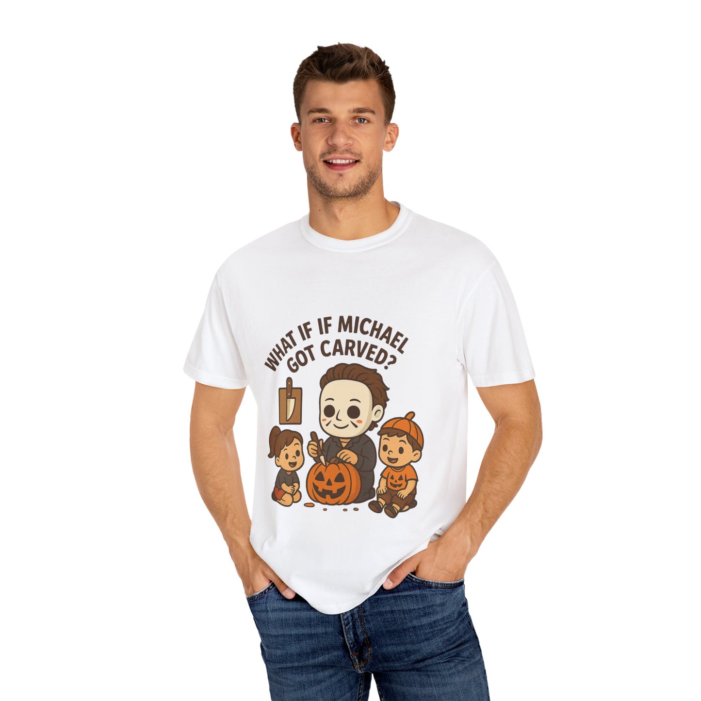 Halloween Themed T-shirt: What If Michael Got Carved?, Unisex Tee, Spooky Season Shirt, Fall Apparel, Fun Halloween Gift