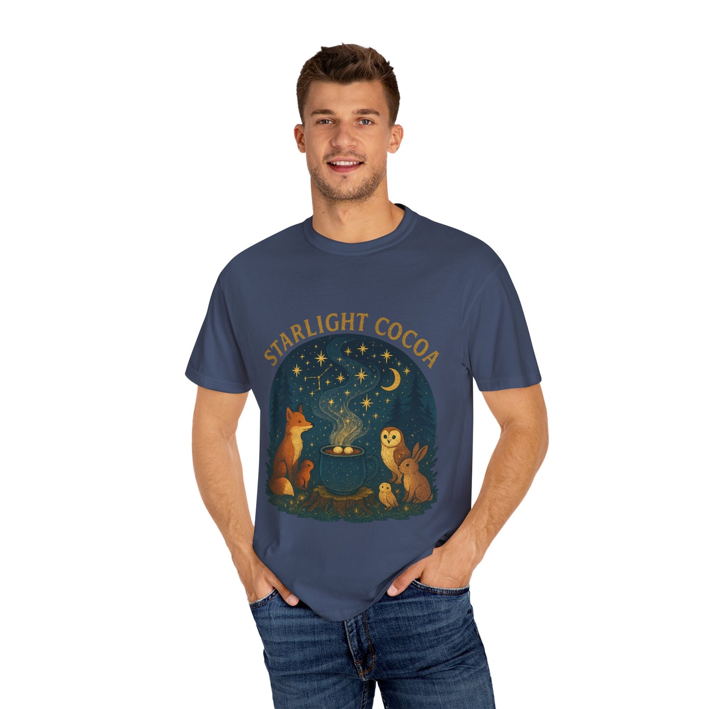 Starlight Cocoa T-Shirt | Cozy Night Vibe | Unisex Graphic Tee | Perfect for Camping, Stargazing, Gift for Nature Lovers