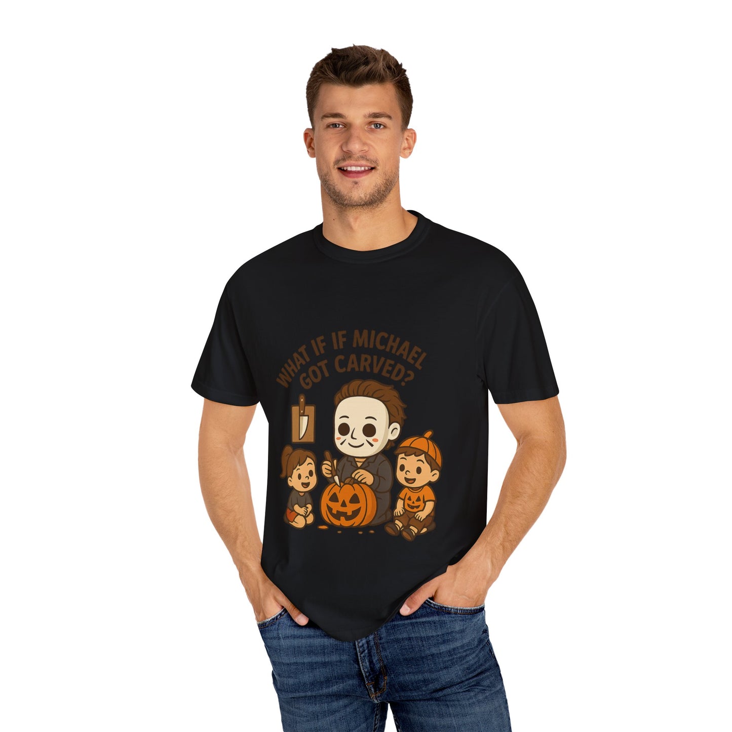 Halloween Themed T-shirt: What If Michael Got Carved?, Unisex Tee, Spooky Season Shirt, Fall Apparel, Fun Halloween Gift