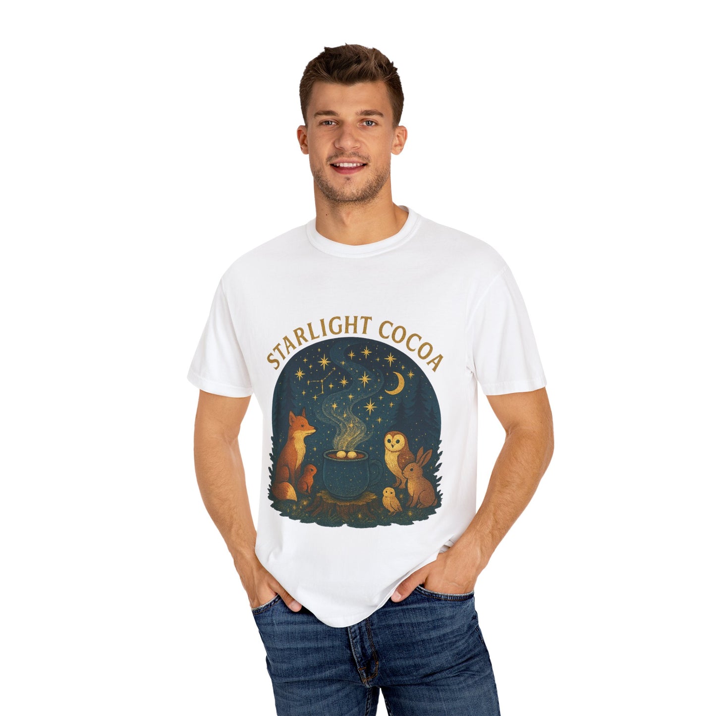 Starlight Cocoa T-Shirt | Cozy Night Vibe | Unisex Graphic Tee | Perfect for Camping, Stargazing, Gift for Nature Lovers
